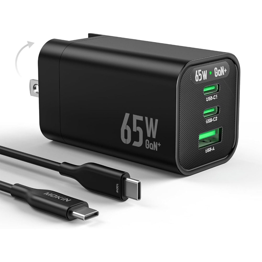 MOKiN GaN+ PD 3.0 65W Fast Charging 2 Type-C + USB 3 Port Power Adapter Cable